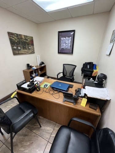 LOT - WOOD DESK, CABINET, 2 BLACK LEATHER CHAIRS & ROLLING OFFICE CHAIR