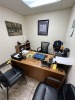 LOT - WOOD DESK, CABINET, 2 BLACK LEATHER CHAIRS & ROLLING OFFICE CHAIR