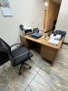 LOT - WOOD DESK, CABINET, 2 BLACK LEATHER CHAIRS & ROLLING OFFICE CHAIR - 2