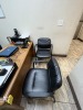 LOT - WOOD DESK, CABINET, 2 BLACK LEATHER CHAIRS & ROLLING OFFICE CHAIR - 3