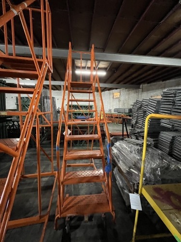 ORANGE 9-STEP ROLLING WAREHOUSE LADDER