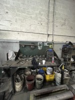 STEEL WORK TABLE WITH VISE & CONTENTS - ASSORTED FITTINGS, ETC