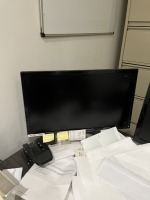 LOT OFFICE PIECES - DESK, 2- MONITORS, ROLLING CHAIR, BATTERY BACKUP, ETC
