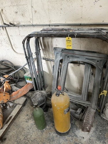 LOT ASSORTED - 4- PAINT RACKS, 2- SAWHORSES, 1- DIVE TANK, 1- OXYGEN TANK, 1- AXLE, ETC