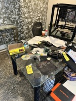 LOT - DESK WITH GLASS TOP / CHAIR / FILE CABINET / METAL WORK TABLE