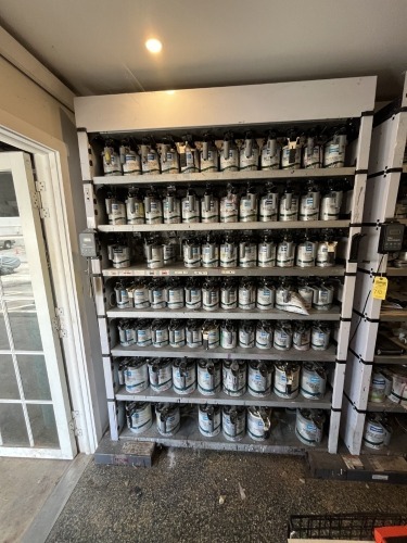 FILLON TECHNOLOGIES PAINT MIXING MACHINE WITH APPROXIMATELY 75-100 CANS OF PAINT