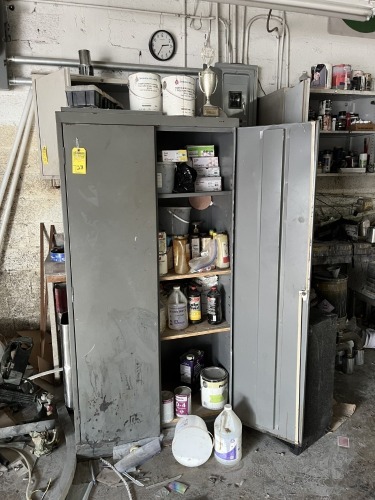 GRAY METAL CABINETS WITH CONTENTS - SANDING DISCS, PAINT, ETC