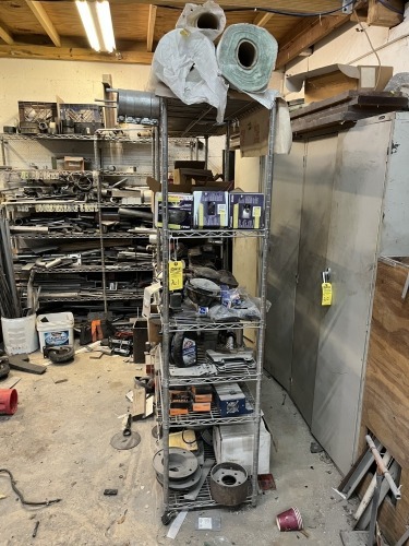 METRO RACKS WITH CONTENTS - LIGHTS, BEARINGS, CONTROL VALVES, METAL SCRAPS, CLAMPS, ETC
