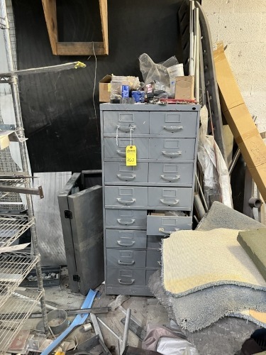 METAL CABINET WITH 16 DRAWERS & CONTENTS - NUTS, BOLTS, HARDWARE, ETC