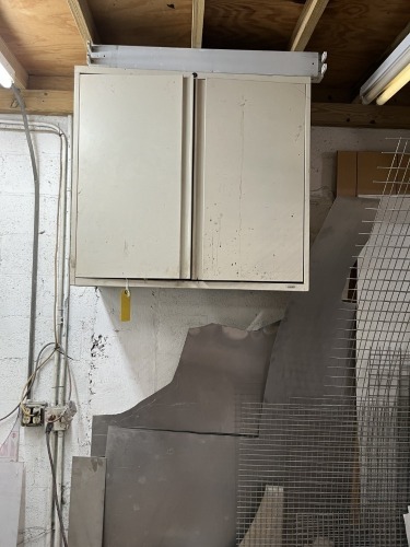METAL CABINET WITH CONTENTS (WALL MOUNTED) - WELDING RODS, WIRE, LEADS, ETC