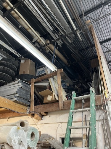 LOT ASSORTED - FRONT LOFT SECTION - MITRE SAWS, DIVE TANKS, METAL PIPES, PRESSURE CLEANER, CAR PARTS, TIRES, PAINT SPRAYER, HOSE REEL, HEADLIGHTS, PLASTIC TANKS, HYDRAULIC PIPE BENDER, ARC WELDER, PROPS, SHELVING UNITS, ETC ***MUST HAVE FORKLIFT***