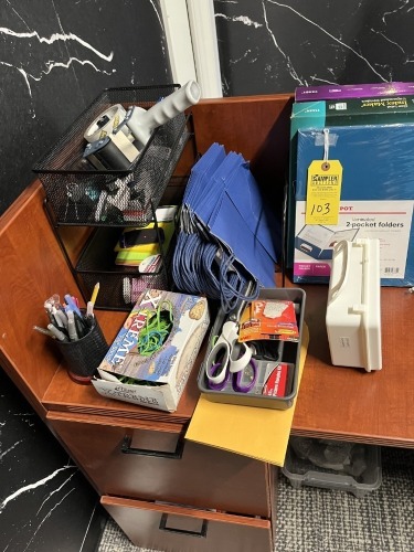 LOT ASSORTED OFFICE & PARTY SUPPLIES - SCISSORS, STAPLER, LABELS, PAPER TABLE CLOTHS, ETC