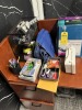 LOT ASSORTED OFFICE & PARTY SUPPLIES - SCISSORS, STAPLER, LABELS, PAPER TABLE CLOTHS, ETC