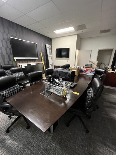 DARK WOOD COLOR CONFERENCE TABLE (14'x54'') WITH CENTER ACCESS WITH COLAMY BLACK LEATHER ROLLING CHAIRS