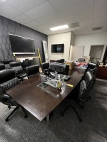 DARK WOOD COLOR CONFERENCE TABLE (14'x54'') WITH CENTER ACCESS WITH COLAMY BLACK LEATHER ROLLING CHAIRS