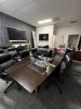 DARK WOOD COLOR CONFERENCE TABLE (14'x54'') WITH CENTER ACCESS WITH COLAMY BLACK LEATHER ROLLING CHAIRS