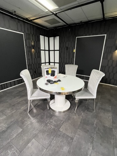 ROUND SILVER & WHITE TABLE (4' DIAMETER) WITH 4 SILVER CHAIRS