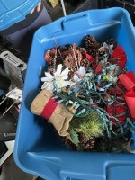 LOT ASSORTED CHRISTMAS DECOR - LIGHTS, PINE CONES, GARLAND, ETC (1 TOTE)