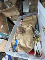 LOT ASSORTED CHRISTMAS DECOR - ARTIFICIAL CANDLES, CERAMIC SNOWMAN, SANTA, STOCKINGS, ETC (1 TOTE)