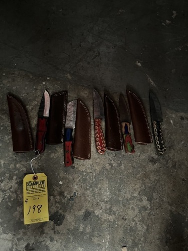 ASSORTED WOOD HANDLE KNIVES WITH LEATHER SHEATHS