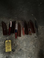 ASSORTED WOOD HANDLE KNIVES WITH LEATHER SHEATHS