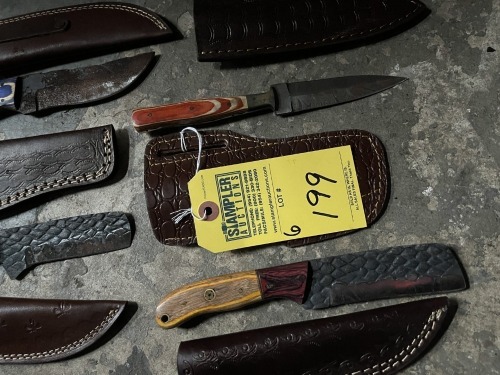 ASSORTED WOOD &ACRYLIC HANDLE KNIVES WITH LEATHER SHEATHS