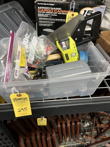LOT ASSORTED - SAW, STUD FINDER, TAPE MEASURERS, NAILS, PLIERS, ETC (1 TUB)