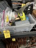 LOT ASSORTED - SAW, STUD FINDER, TAPE MEASURERS, NAILS, PLIERS, ETC (1 TUB)