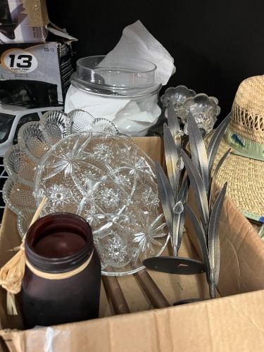 ASSORTED - DEVILED EGG PLATE, CANDLE HOLDERS, JARS, ETC