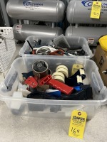 TOTES ASSORTED - SCISSORS, TAPE GUNS, SMALL SHRINK WRAP, KNIFE SHARPENER, SURGE PROTECTOR OUTLET, MORE