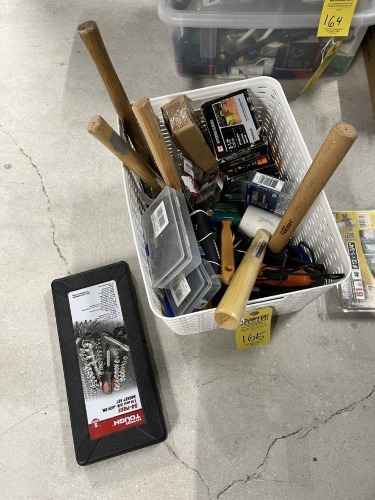 ASSORTED TOOLS & HARDWARE - HAMMERS, SCISSORS, PLIERS, SOCKET SET, SCREWS, PICTURE HANGERS, TAPE MEASURERS, MORE