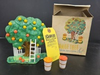 Vintage Mid Century Plastic ''Orange Tree'' Napkin Holder Salt & Pepper Set