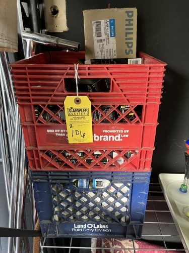 MILK CRATES OF ASSORTED 2-PIN LIGHT BULBS, 4-PIN LIGHT BULBS, ETC