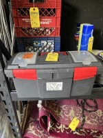 SMALL TOOLBOX WITH CONTENTS - SCREWDRIVER, MOLLY, HOOKS, SCREWS, ETC