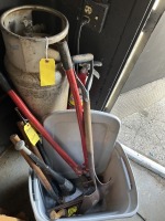 ASSORTED TOOLS - SHOVEL, AXE, GIANT BOLT CUTTERS, PRUNERS, ETC