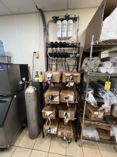 LOT SODA DISPENSER SYSTEM WITH RACK, TANK & CONTENTS ***MUST CAP ALL LINES***