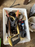 1- BOX / 1- BUCKET - ASSORTED TOOLS - BRAKE CLEANER, HAMMER, PVC, RIVETER, SAW, ETC (LOCATED IN HOLLYWOOD, FL)