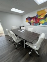 CONFERENCE TABLE WITH 6 WHITE LEATHER ROLLING CHAIRS - APPROXIMATELY 93''x41''