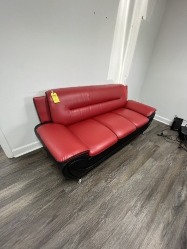 RED & BLACK LEATHER COUCH - APPROXIMATELY 72''