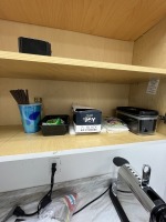 LOT CONTENTS OF BREAK ROOM CABINETS - CUPS, CONTAINERS, PAPER GOODS, PITCHERS, ETC