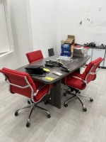 GRAY CONFERENCE TABLE WITH 4 RED LEATHER ROLLING CHAIRS - APPROXIMATELY 71''x35''
