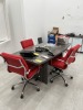 GRAY CONFERENCE TABLE WITH 4 RED LEATHER ROLLING CHAIRS - APPROXIMATELY 71''x35''