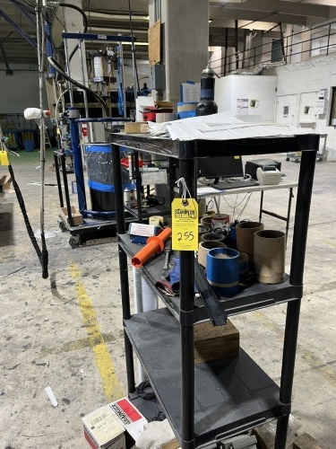 PLASTIC SHELVING UNITS WITH CONTENTS - SCREWS, TOOLS, GLOVES, GREASE CAN, ETC