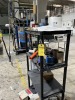 PLASTIC SHELVING UNITS WITH CONTENTS - SCREWS, TOOLS, GLOVES, GREASE CAN, ETC