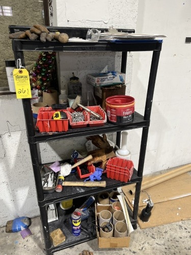 SHELVING UNIT WITH CONTENTS - TOOLS, HARDWARE, SPEAKER, ETC