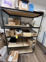 LOT CONTENTS OF SHELVING UNIT - SCREWS, WINDOW LOCKS, SMALL WHEELS, ETC
