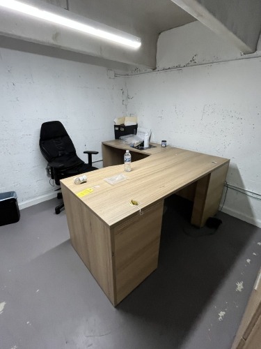 LOT OFFICE FURNITURE - L-SHAPE DESK / ROLLING OFFICE CHAIR / LATERAL FILE CABINET WITH 2 DRAWERS