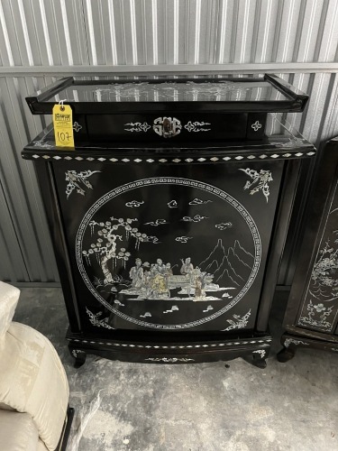 ORIENT BLACK LACQUER BAR CABINET WITH MOTHER OF PEARL INLAY