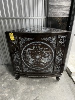 BROWN & GOLD ORIENTAL CORNER BAR CABINET WITH MOTHER OF PEARL INLAY WITH DRAGONS & BIRDS