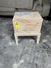 WOOD CHEST WITH DESIGN ON STAND